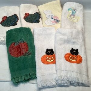 Lot Of 7 Vintage Holiday Appliqué Finger Towels Thanksgiving Halloween Easter
